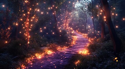 Enchanting pathway through mystical forest lit by fairy lights