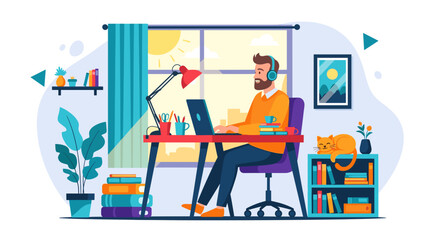 Man working from home on laptop, with cat, plants, and books - perfect for remote work, freelance, and productivity blog posts.