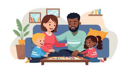 Happy family playing board game together at home, perfect for family blogs and websites.