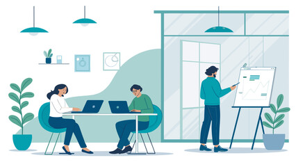 Modern business team collaborating on a project, perfect for website banners or marketing materials.