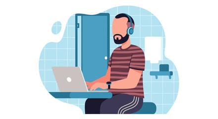 Man working on laptop in bathroom, perfect for articles on remote work, work-life balance, or flexible schedules.