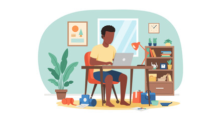 Young man working from home on laptop, perfect for remote work, freelance, or home office concepts.