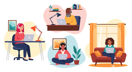 Diverse group of people working remotely from home, ideal for illustrating work from home concepts.