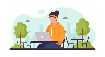 Person working on laptop at outdoor cafe, perfect for blog posts about remote work or freelance lifestyle.