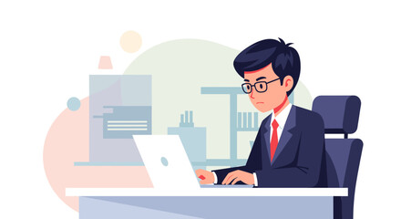 Young businessman working on laptop, perfect for website banners or business presentations.