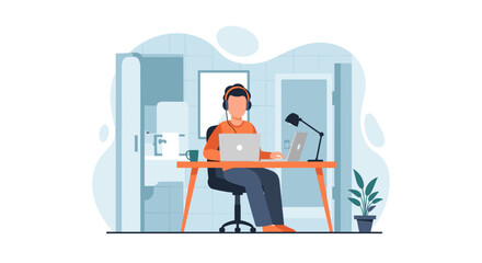 Person working from home on laptop, wearing headphones. Ideal for remote work, work from home, or freelance concepts.