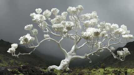 Ghostly white tree stands out in a moody landscape with mountains in the background