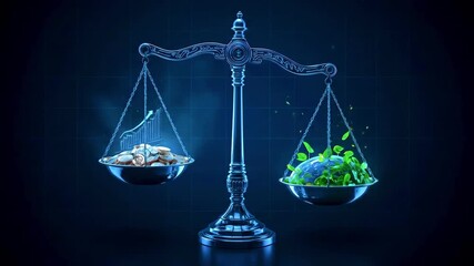 Digital representation of a balanced scale weighing natural resources against economic growth