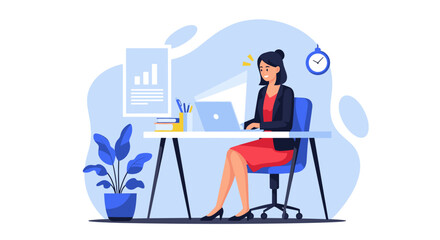 Businesswoman working on laptop, modern office illustration for website or presentation.
