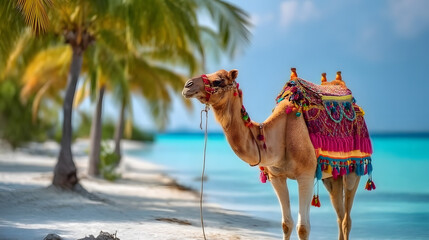 Decorated Dromedary Camel on Tropical Beach Paradise Summer Vacation Concept. Ai Generated Images