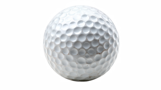 A close up shot of a white golf ball with dimples against a stark black background space