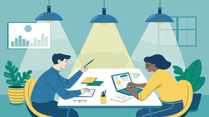 Two colleagues collaborating on a project, perfect for illustrating teamwork and productivity in a modern office setting.