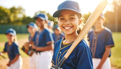 Young girl smiles holding bat, teammates background