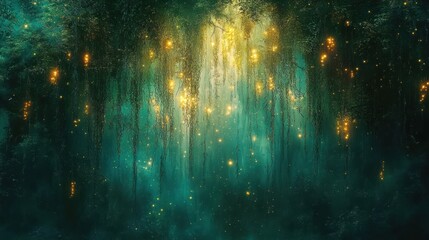 Enchanting mystical forest scene with glowing lights and hanging vines