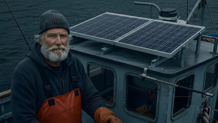 Portrait of an experienced fisherman with a white beard on his boat, with solar energy panels in the background.