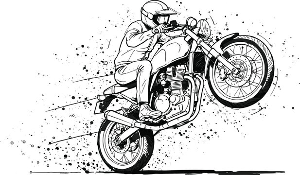 Dynamic motorcycle rider wheelie in black and white ink sketch illustration