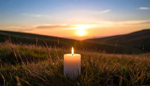 Lit candle in grassy field at sunset, hills in background