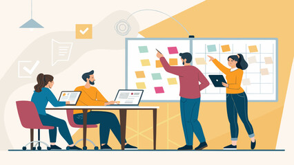 Team brainstorming session with sticky notes on whiteboard. Perfect for project management, teamwork, and collaboration landing pages.