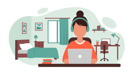 Young woman working from home on laptop, illustration perfect for blogs, websites, and articles about remote work.