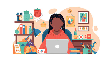 Young woman working from home on laptop, illustration perfect for blog posts about remote work or freelancing.