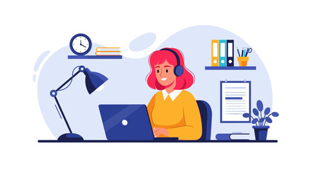 Happy woman working from home on laptop, perfect for website banners or blog posts about remote work.