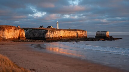 Golden sunset paints cliffs, structures, and beach with warm light, under a cloudy sky