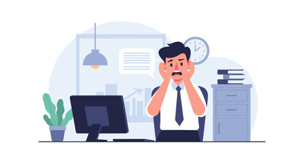 Stressed businessman at his desk, perfect for illustrating workplace anxiety or burnout for articles, presentations, or websites.