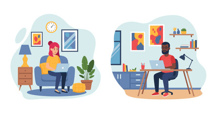Remote Work Illustration: Diverse Team Working From Home, Ideal for Blogs, Websites, and Presentations.