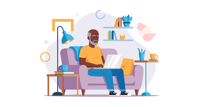 Senior man working on laptop from home, perfect for retirement, technology, and comfortable living articles.