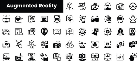A collection of various icons representing augmented reality concepts, including VR headsets, 3D models, and interactive technology elements.
