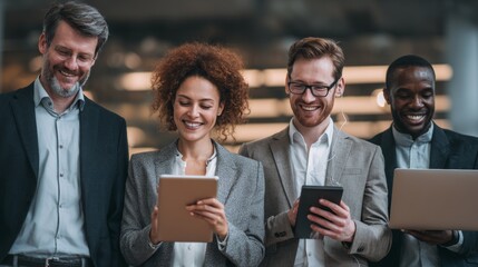 Diverse business professionals using tablets and mobile devices in modern office corridor setting