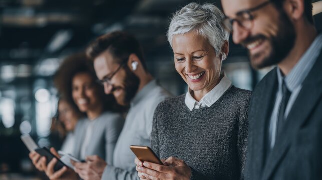 Multi-generational business team checking smartphones and staying connected in office environment