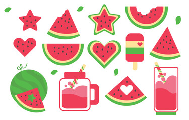 Watermelon Freshness Hand Drawn Collection.  Watermelon-themed vector illustrations, including fruit slices, juice jars, popsicles, hearts, stars, and cute shapes. Perfect for summer designs