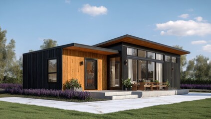 Modern prefab home with a covered patio