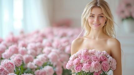 Woman standing amidst pink roses