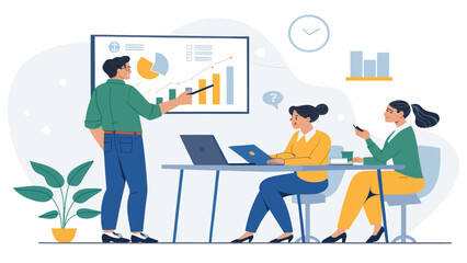 Business team analyzing data charts during a meeting, ideal for presentations and reports.