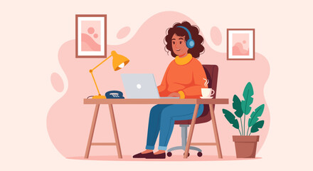 Woman working from home on laptop, perfect for remote work, freelance, or work-life balance concepts.