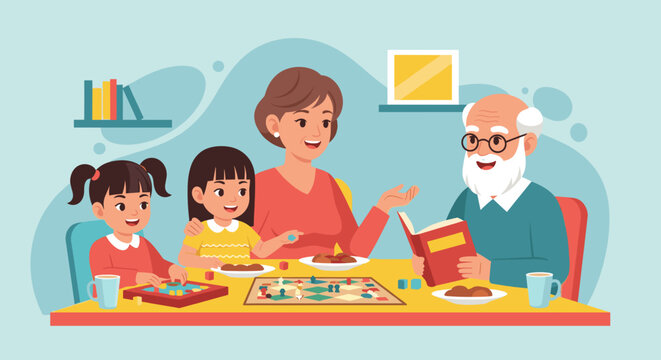 Grandparents playing board games with grandchildren, perfect for family blogs or articles about intergenerational bonding.
