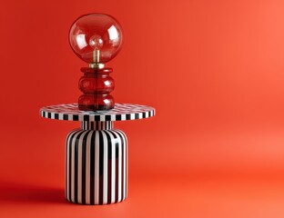 Red lamp on a black and white striped table