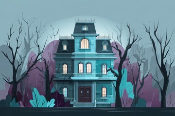 Haunted House, Dark Wood, Fog, Moody Sky, Illustration for Horror or Spooky Theme