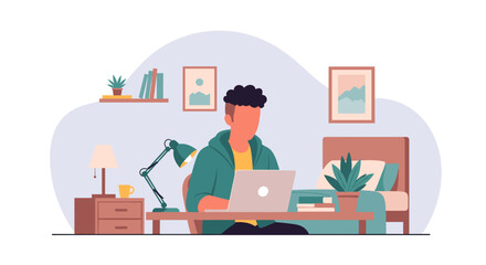 Young man working from home on laptop, perfect for illustrating remote work, freelance, or online learning.