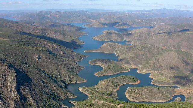 Aerial view from Miradouro da Serpente do Medal, a stunning panoramic view over the Sabor Lakes, namely the Medal Lake and the Sanctuaries Lake.