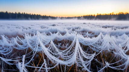  A breathtaking wide shot of a field covered in a vast network of frosty spiderwebs, sparkling under the soft light of a misty sunrise with a dark forest line in the background.