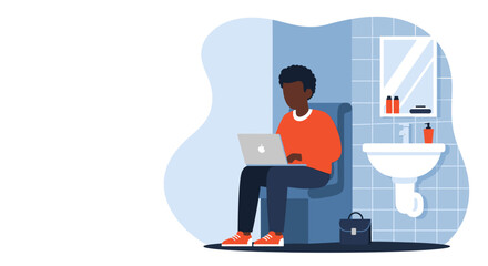 Illustration of a person working on a laptop in a bathroom, perfect for articles about work-life balance or remote work challenges.