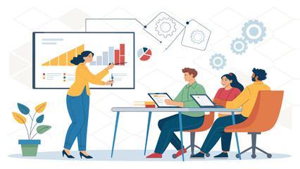 Business team meeting: presentation of financial results and strategy. Perfect for website landing page or marketing brochure.