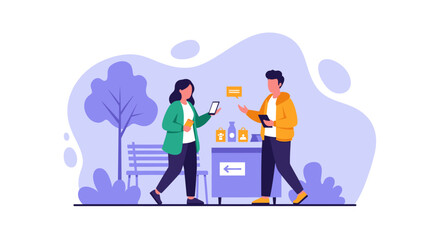 Two people using mobile apps to order food and drinks from a kiosk in a park. Ideal for app promotion, online ordering, and food delivery marketing materials.