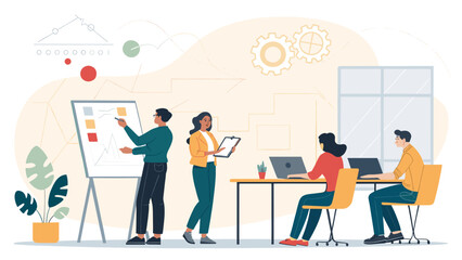 Diverse team brainstorming and collaborating on a project, perfect for presentations on teamwork or innovation.