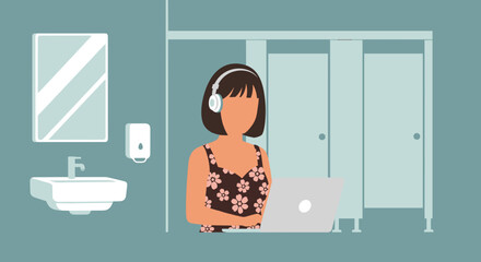 Woman working on laptop in public restroom; illustration for articles on remote work, flexible workspaces, or gender equality.