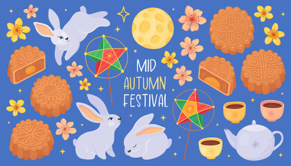Naklejka premium Happy mid-autumn festival. Collection of illustrations for traditional Asian holiday. Mooncake, rabbits, moon, star-lanterns, teapot, sakura flowers on dark blue background.