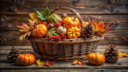 Harvest basket filled with pumpkins gourds and autumn leaves